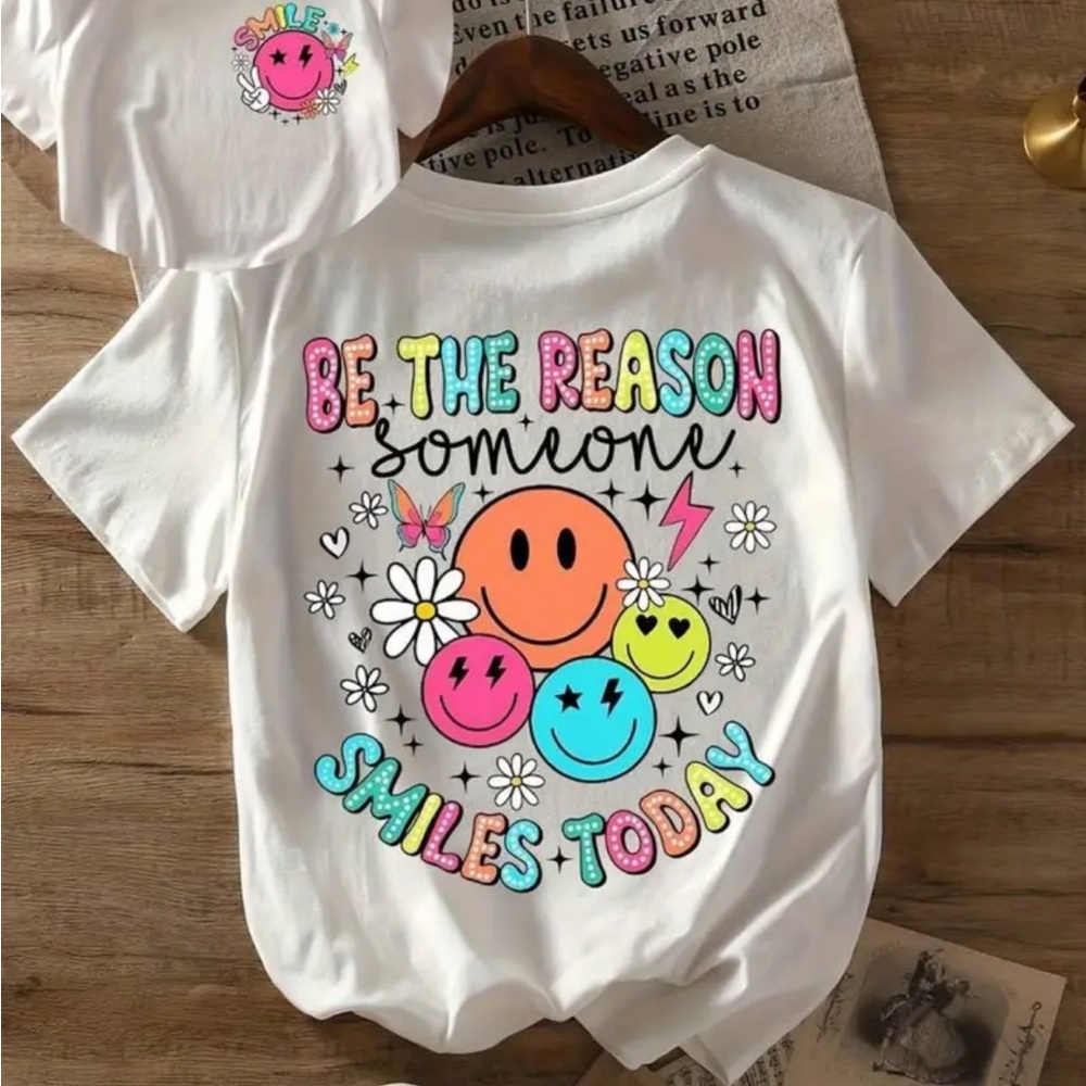 White Graphic Tee with Colorful Smiley Faces